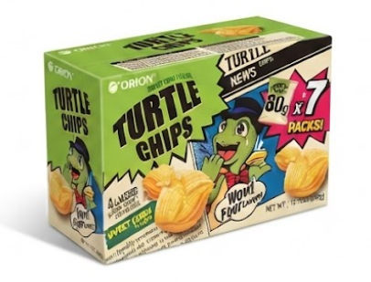 Orion Turtle Chips Sweet Corn Flavor 4 Layered Super Crispy Structure 7 Pack 80g