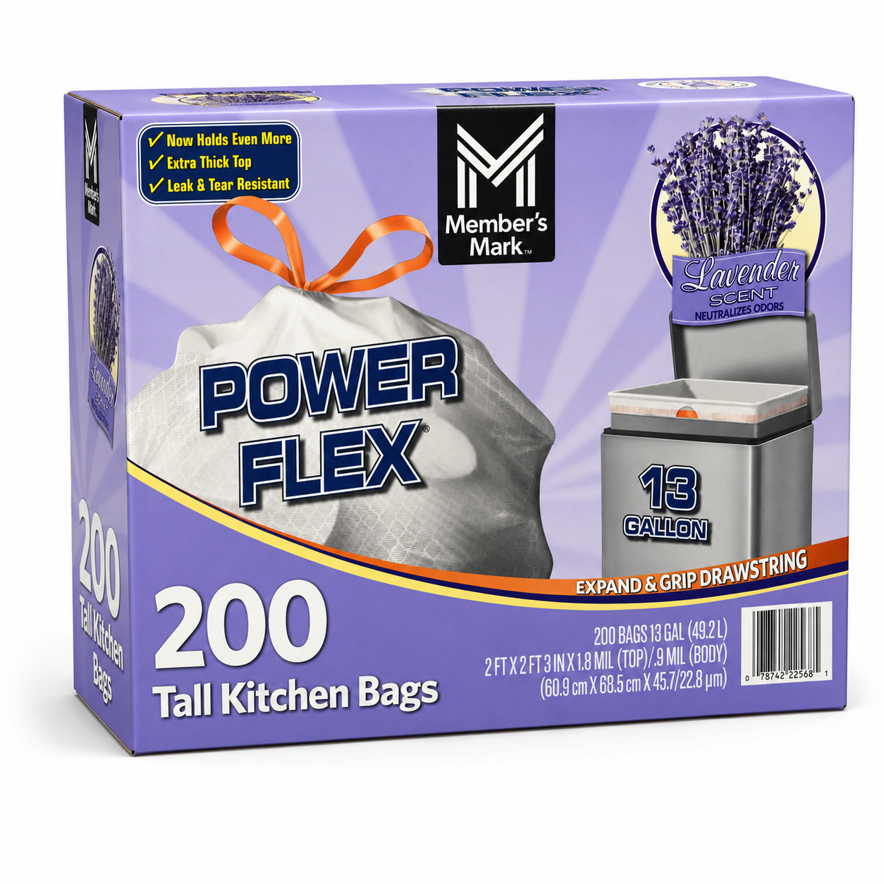 Member's Mark Power Flex Tall Kitchen Drawstring Trash Bags (13 gal, 200 Ct.)
